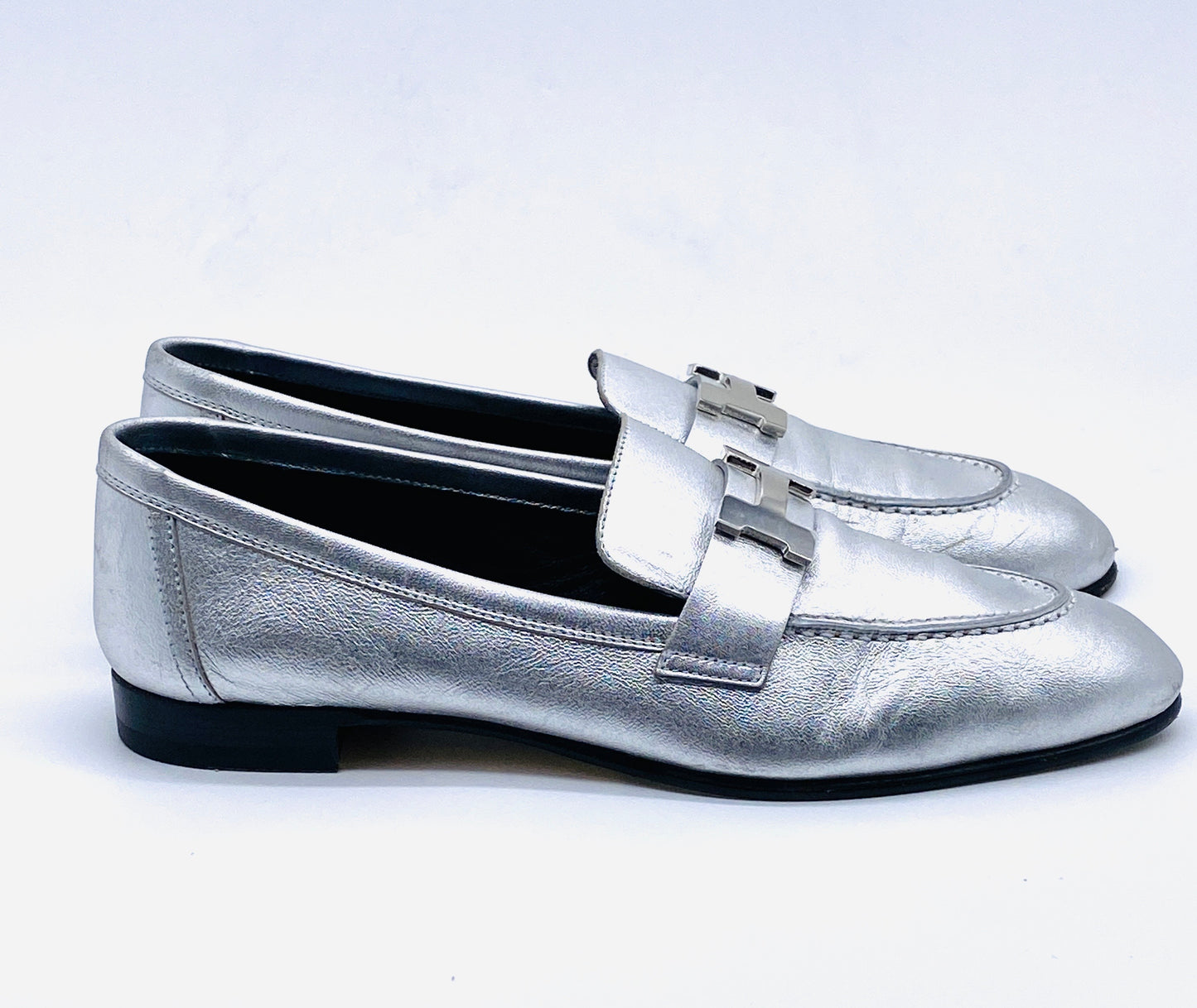 HERMES Silver Leather Paris H Logo Loafers | Size 38