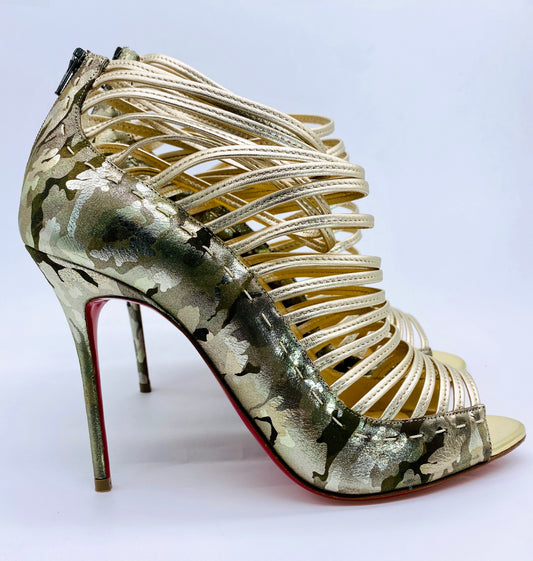 CHRISTIAN LOUBOUTIN Gortika Flocked Glitter Cage Sandals | Size 39 1/2