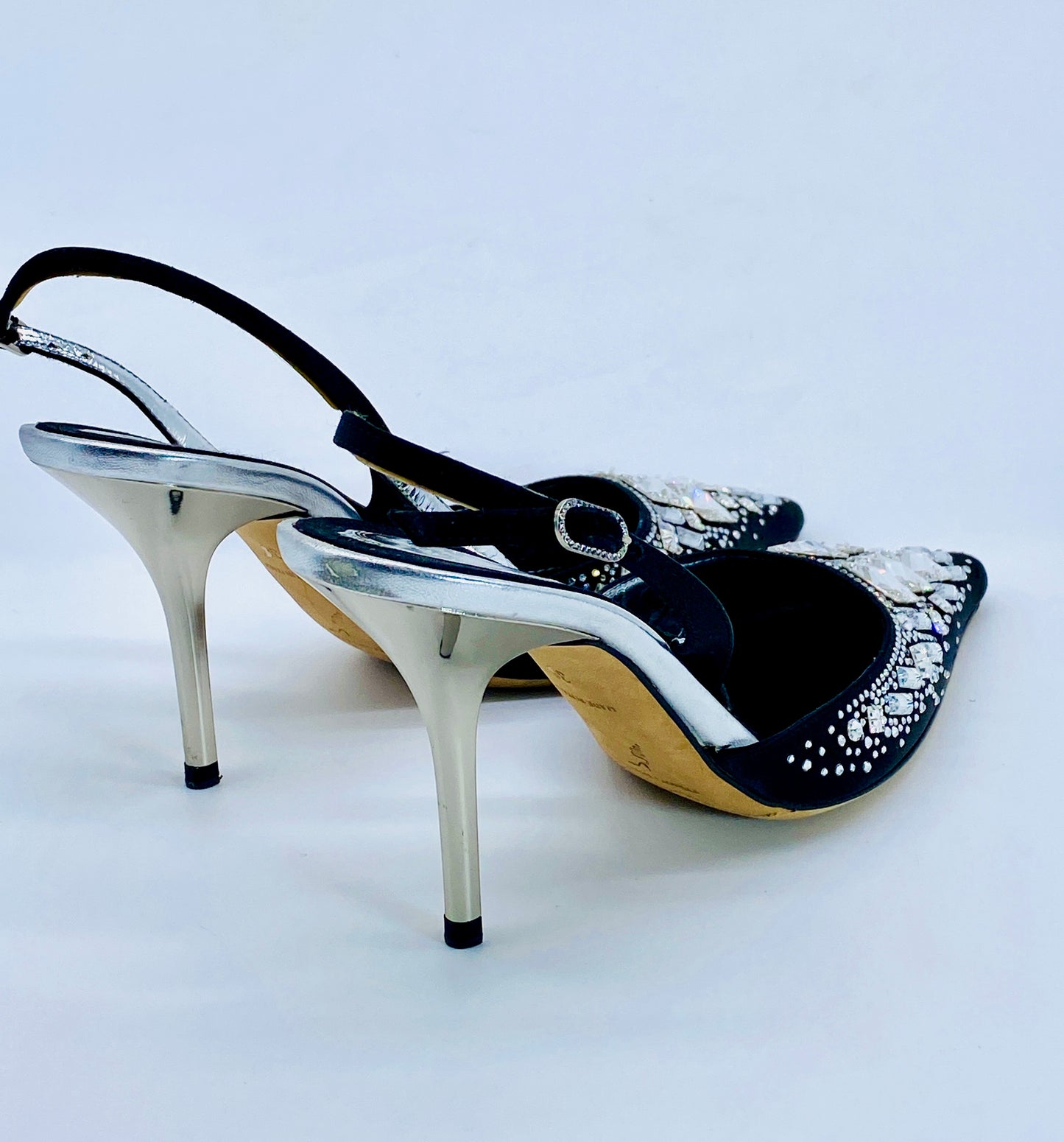 RENE CAOVILLIA Silver Black Single Back Embellished Pumps | Size 38