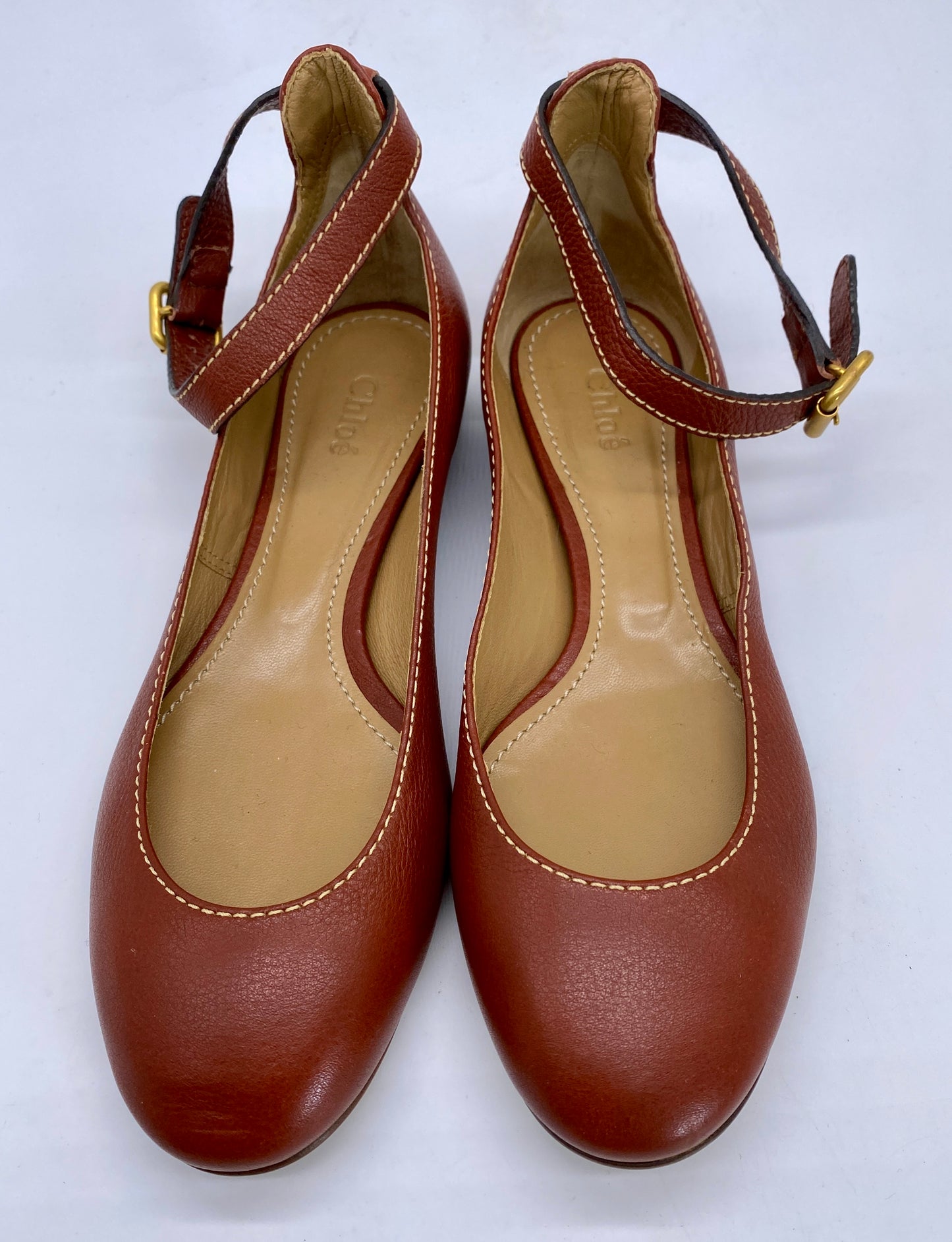 CHLOE Brown Round Ankle Strap Flats | Size 38 1/2