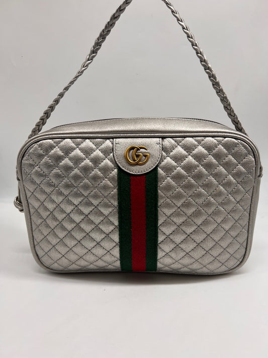 Gucci GG Silver Metallic Leather Quilted Crossbody Camera Big Handbag